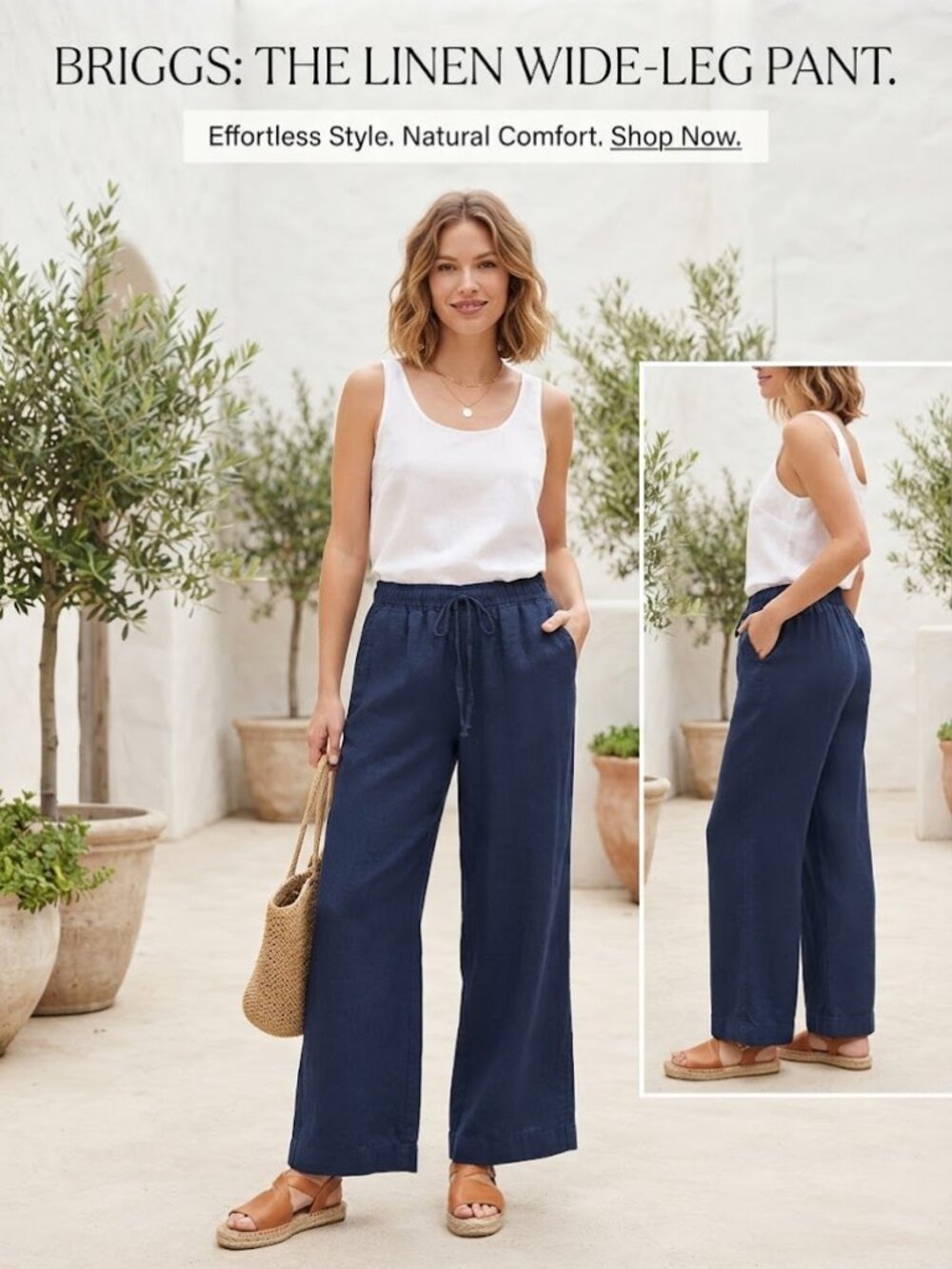 Briggs Blue Linen Blend Wide Pants Drawstring Women's Size Small